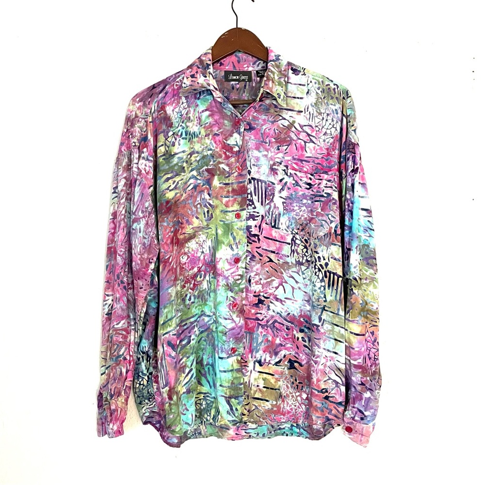 Vintage Lemon Grass Colorful Batik Rayon Long Sleeve Button Up Shirt Size Large